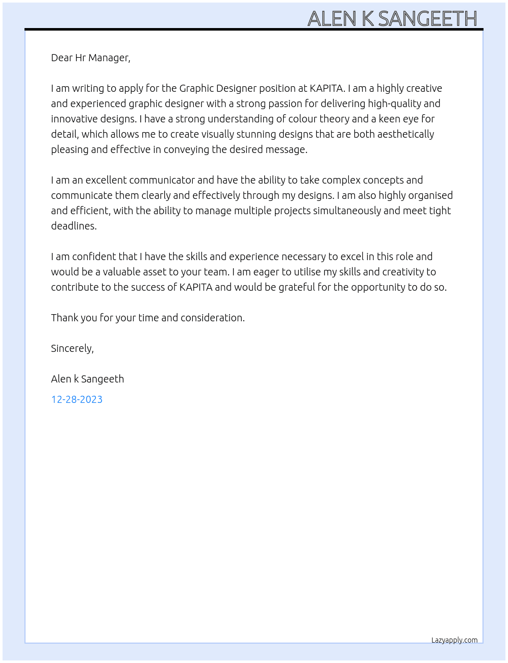 Graphic Designer  At KAPITA Cover Letter