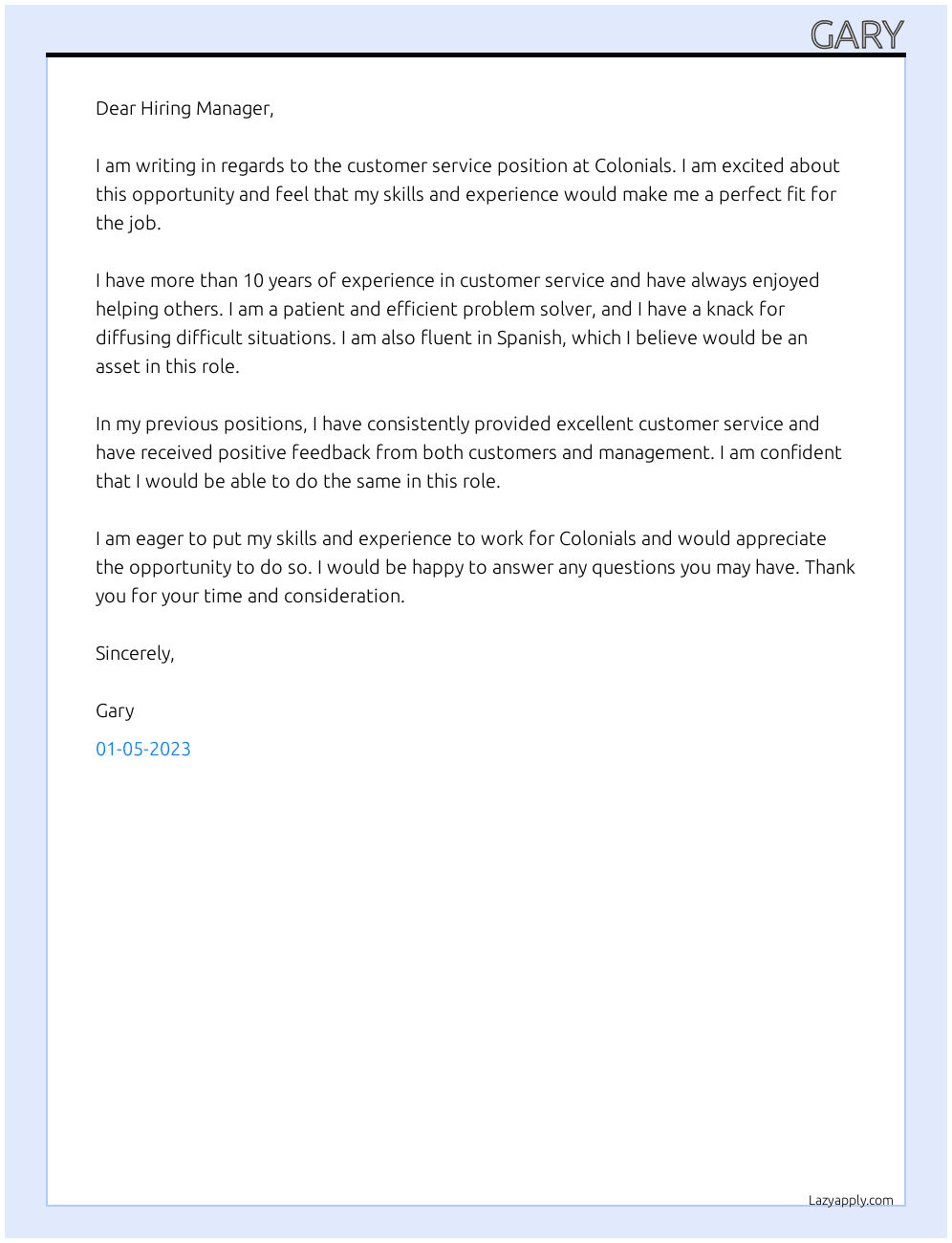 customer service At Colonials  Cover Letter