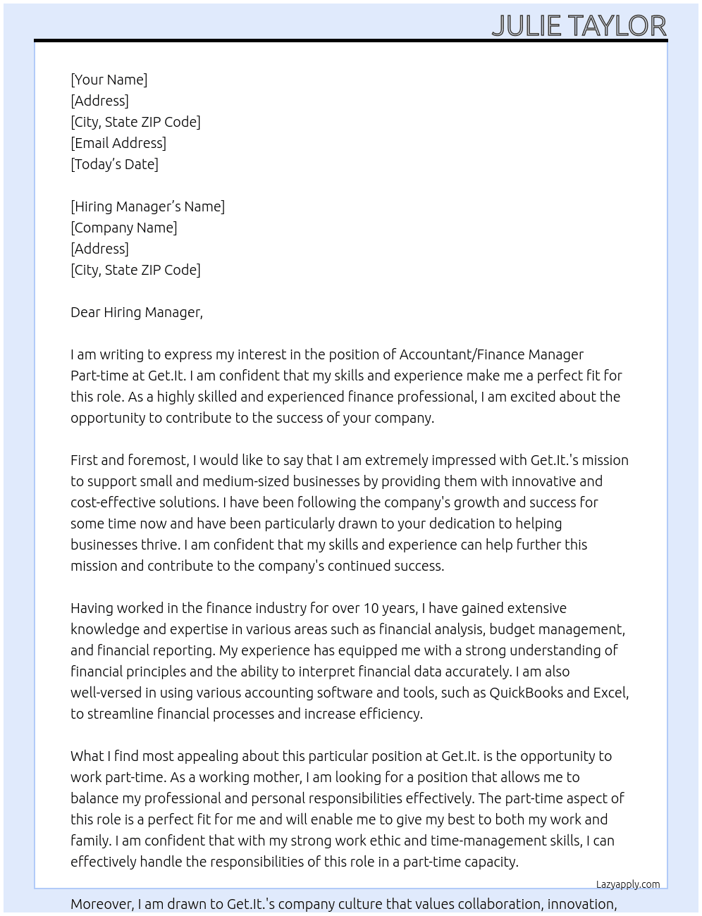 Accountant/Finance Manager Part-time At Get.It. Cover Letter