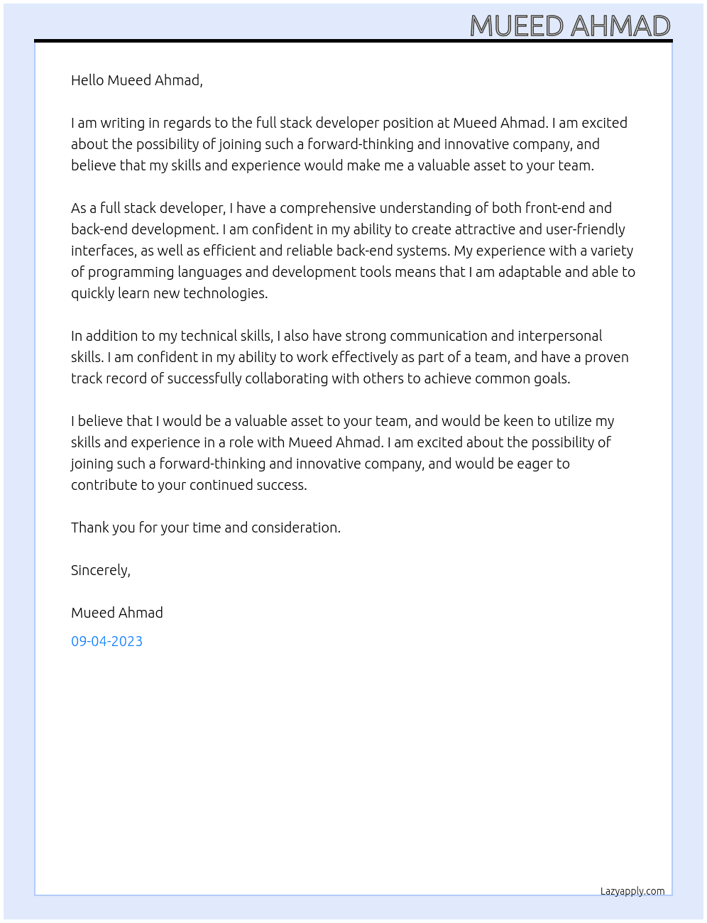 full stack developer At Mueed Ahmad Cover Letter