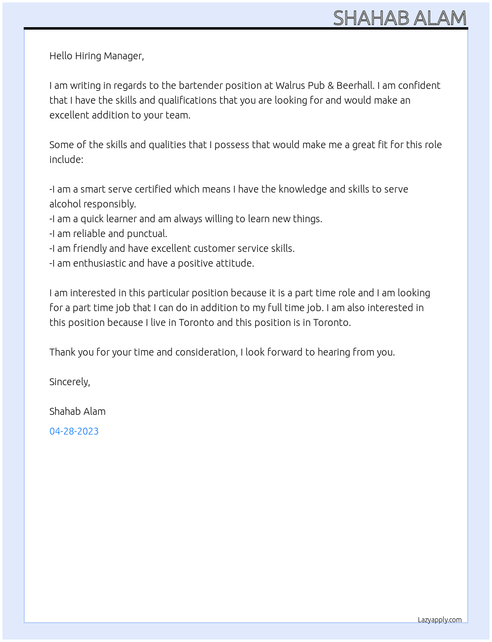 Bartender At Walrus Pub & Beerhall Cover Letter