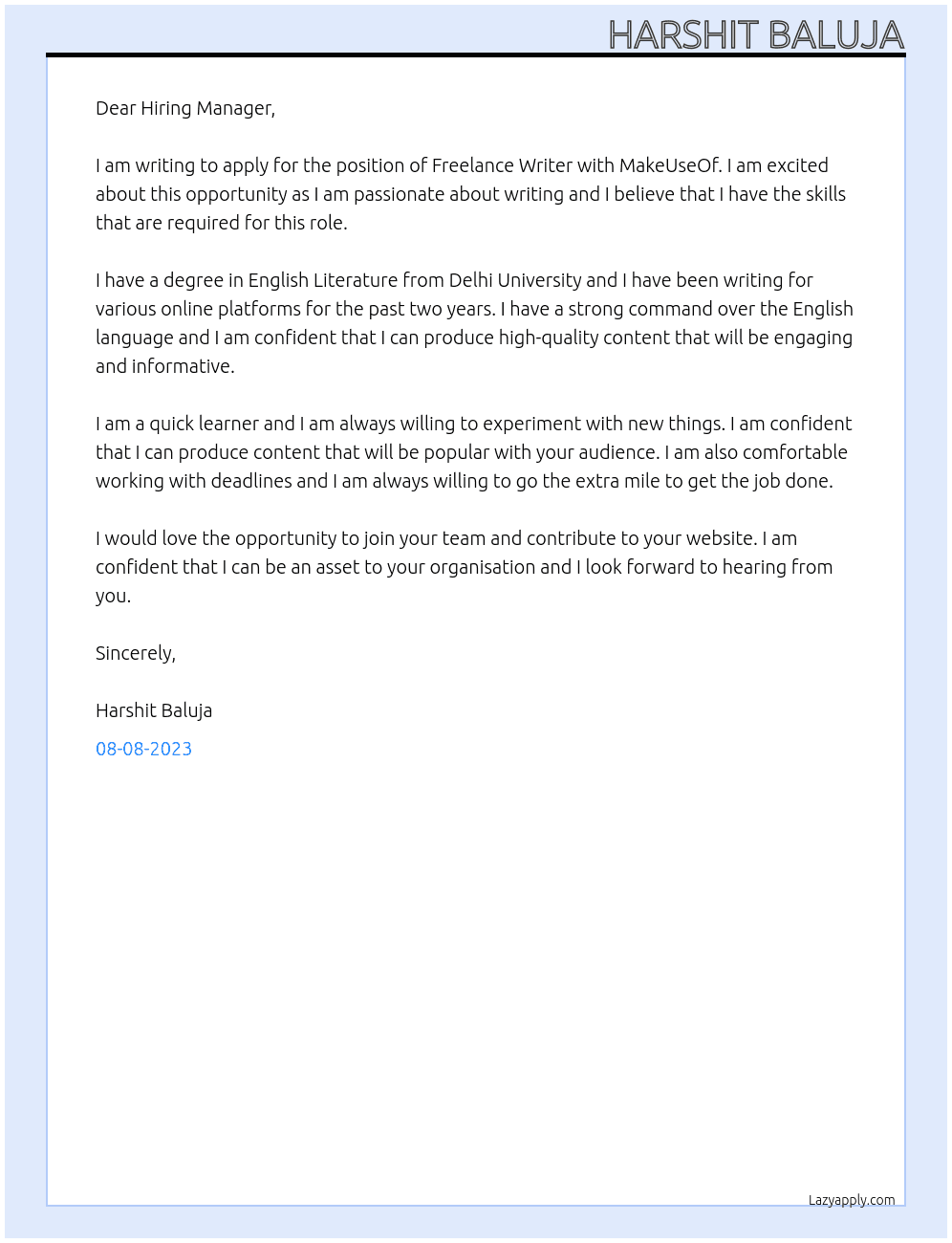 Freelance Writer At MakeUseOf Cover Letter