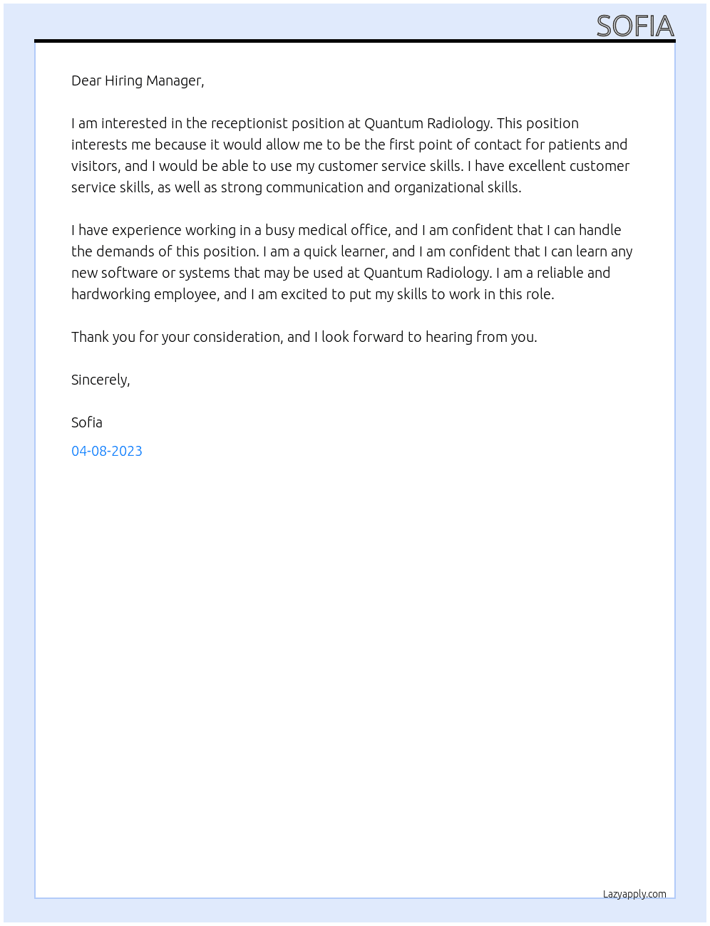 receptionist At Quantum Radiology Cover Letter