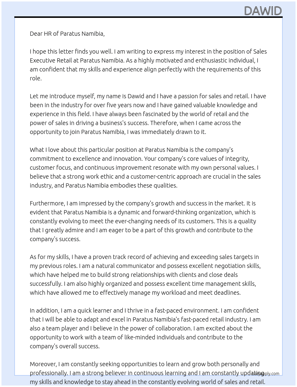sales executive retail At paratus namibia Cover Letter
