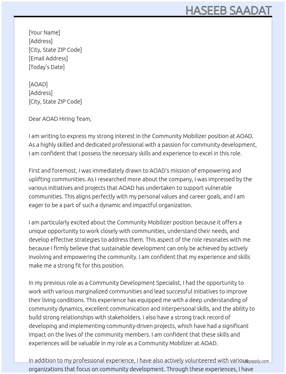 Community moboziler  At AOAD Cover Letter