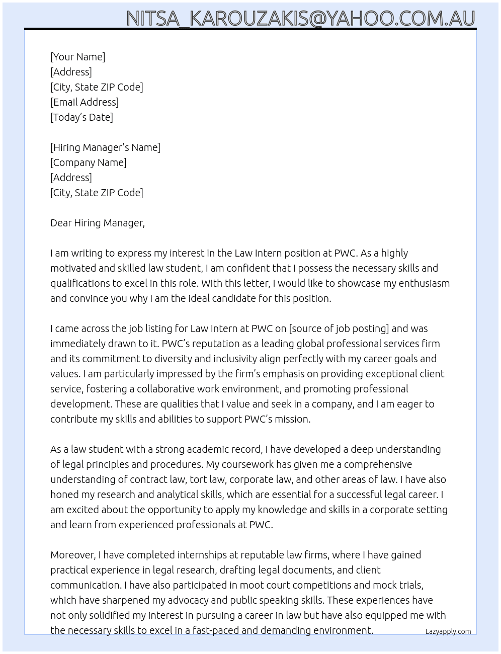 Law Intern At PWC Cover Letter