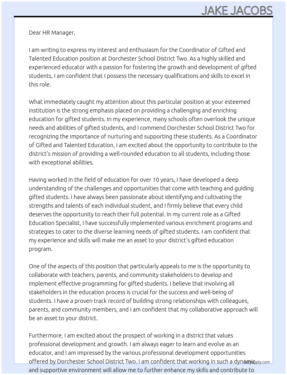 Coordinator of Gifted and Talented Education At Dorchester School District Two Cover Letter