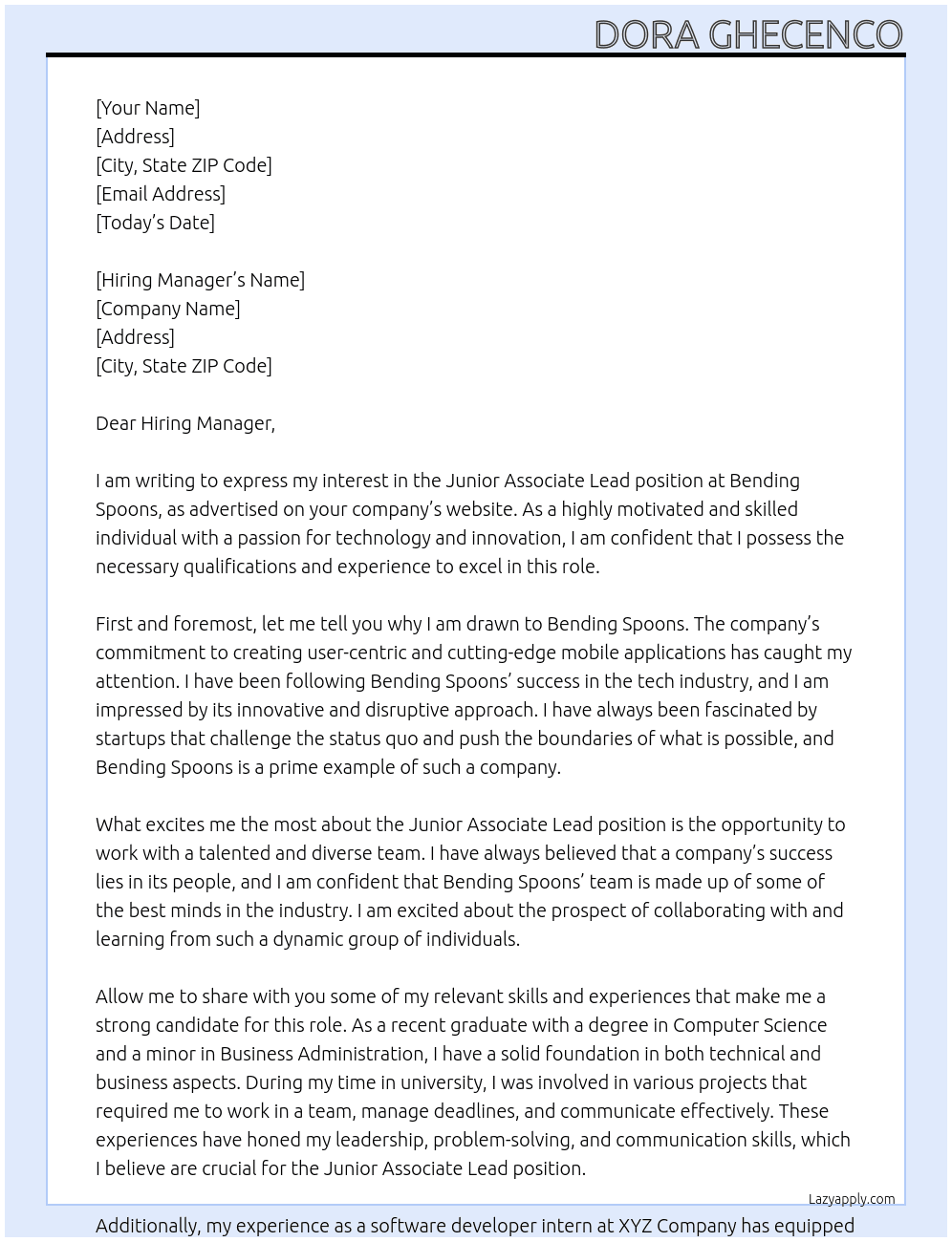 Cover letter for junior associate lead - LazyApply