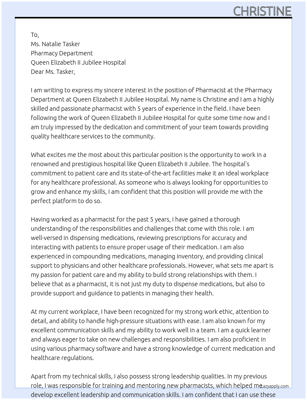 PHARMACIST At Pharmacy Department at Queen Elizabeth II Jubilee Hospital Cover Letter