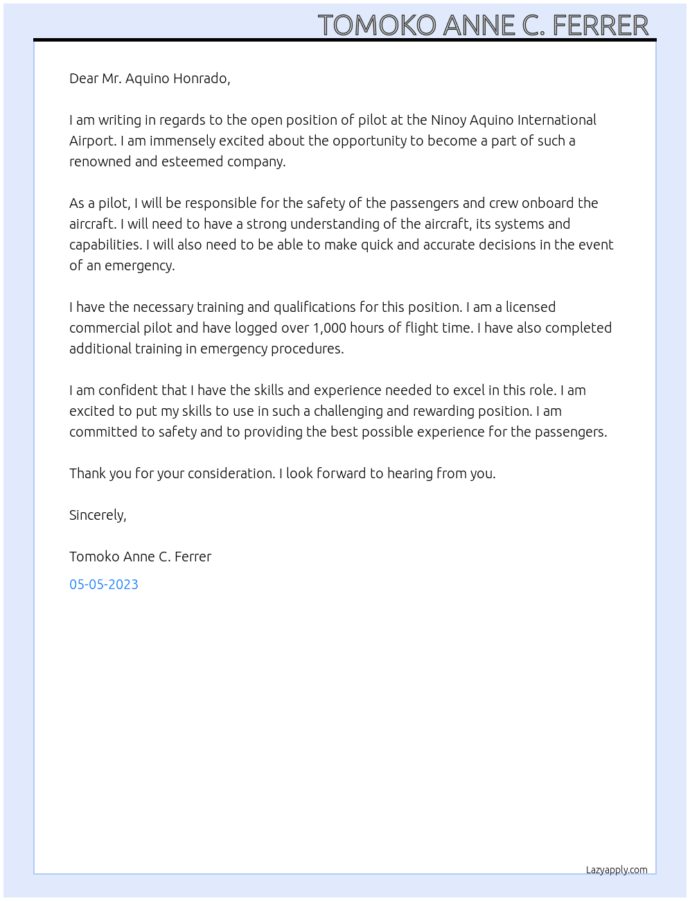 Pilot At Ninoy Aquino International Airport  Cover Letter