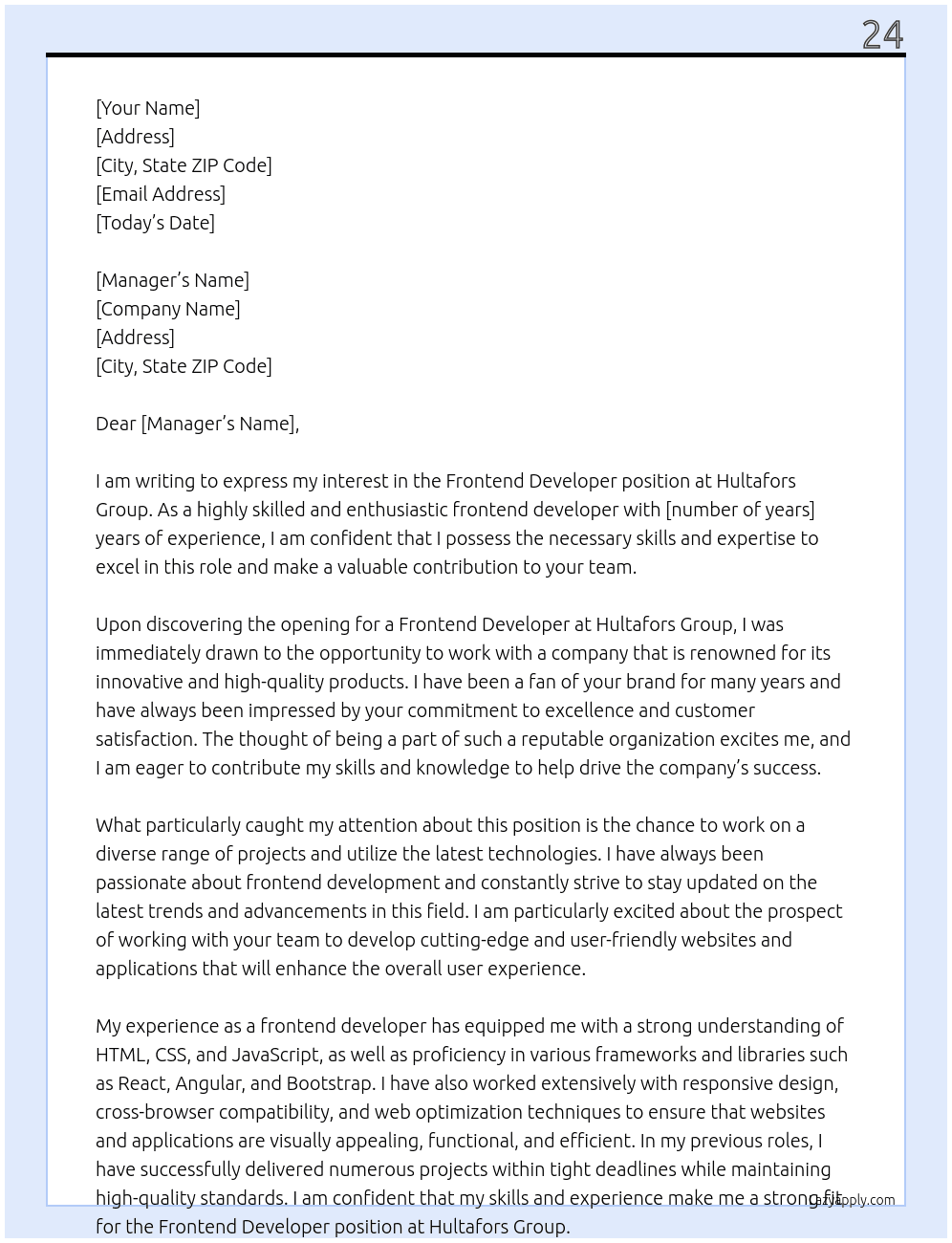 Frontend Developer At  Hultafors Group Cover Letter