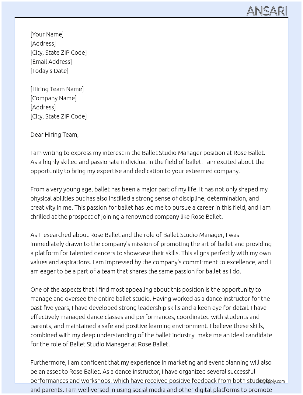 Ballet studio manager At Rose Ballet Cover Letter
