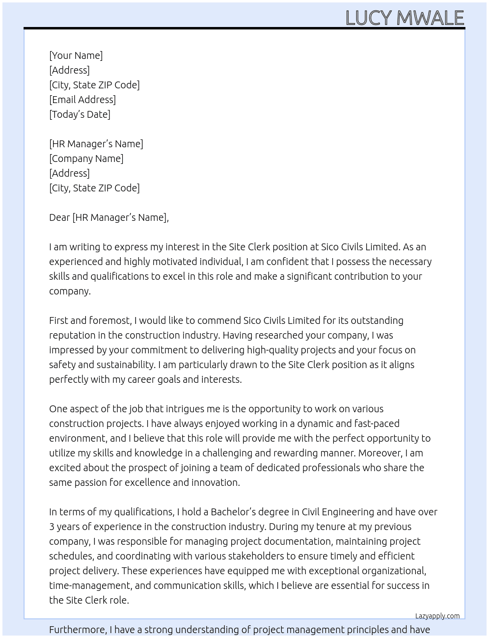 Site Clerk At Sico Civils Limited Cover Letter