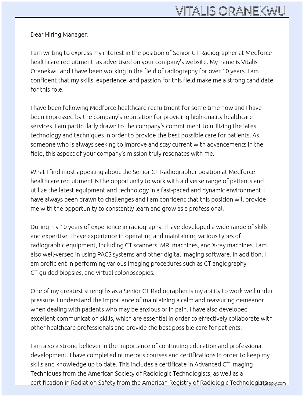 Senior CT Radiographer  At Medforce healthcare recruitment  Cover Letter