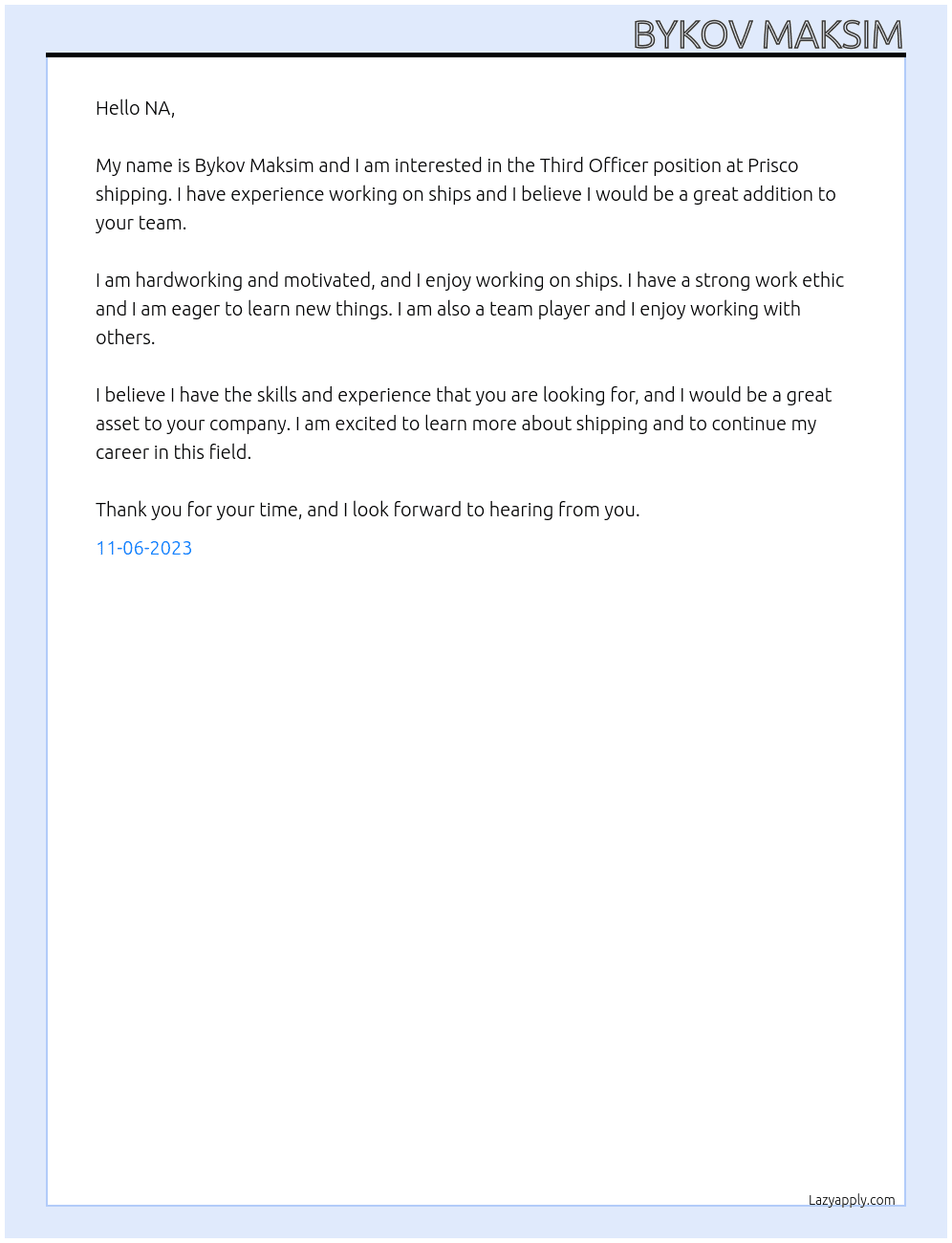 Third Officer At Prisco shipping Cover Letter
