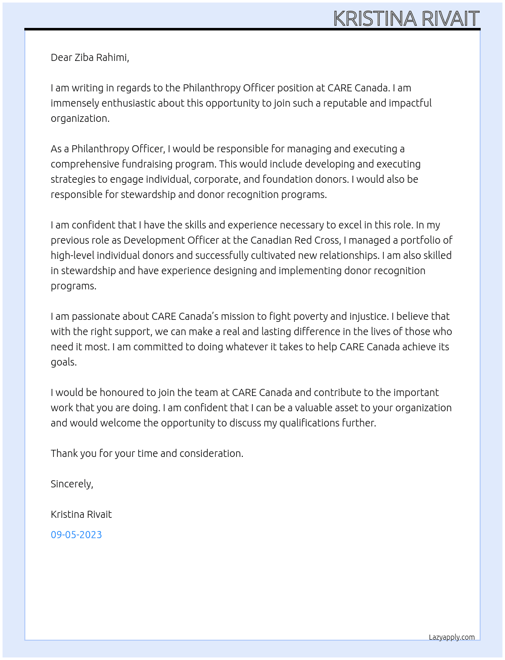 Philanthropy Officer At CARE Canada Cover Letter