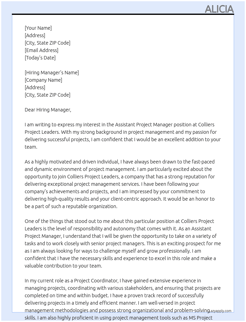 Assistant Project Manager At Colliers Project Leaders Cover Letter