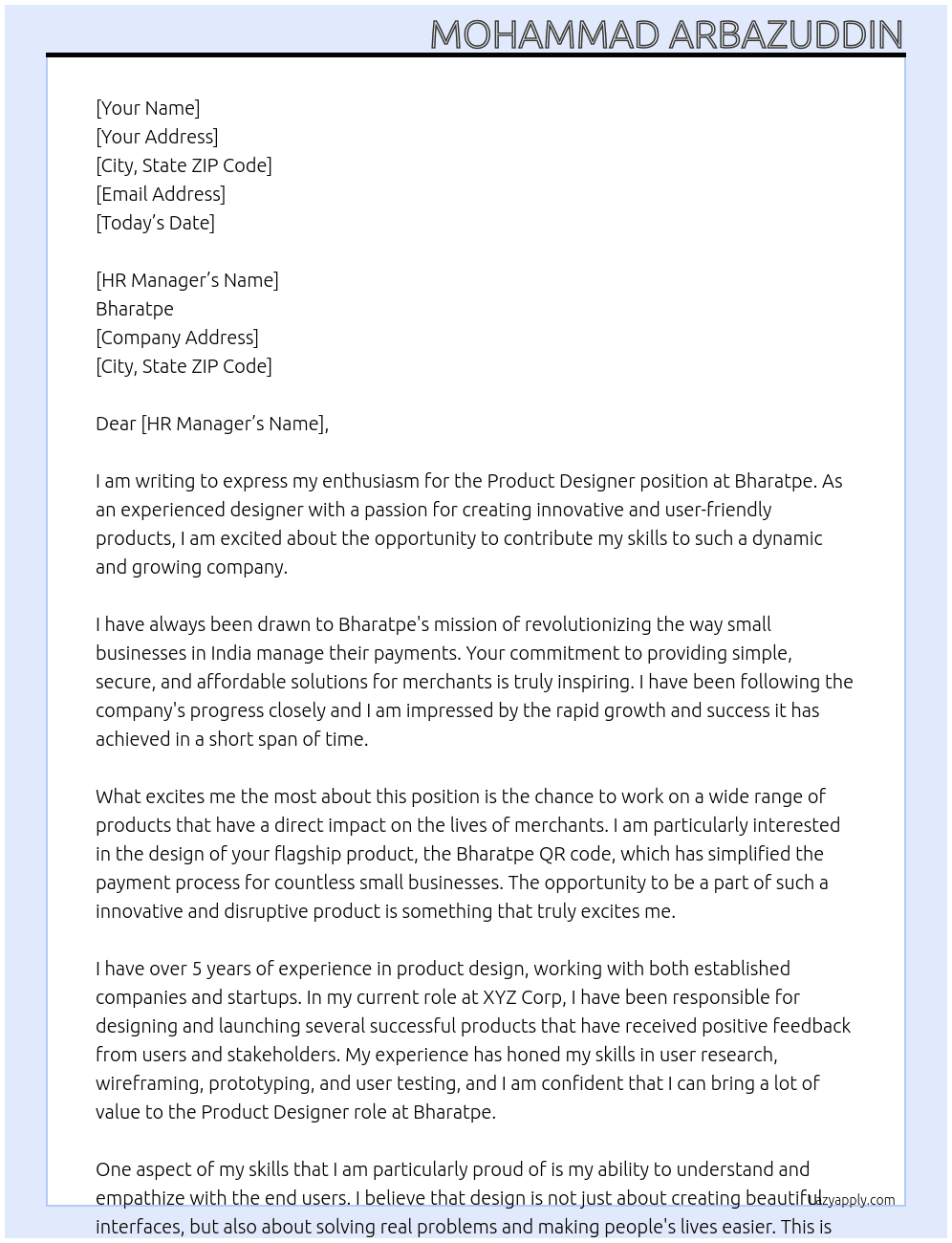 Product Desiger At Bharatpe Cover Letter