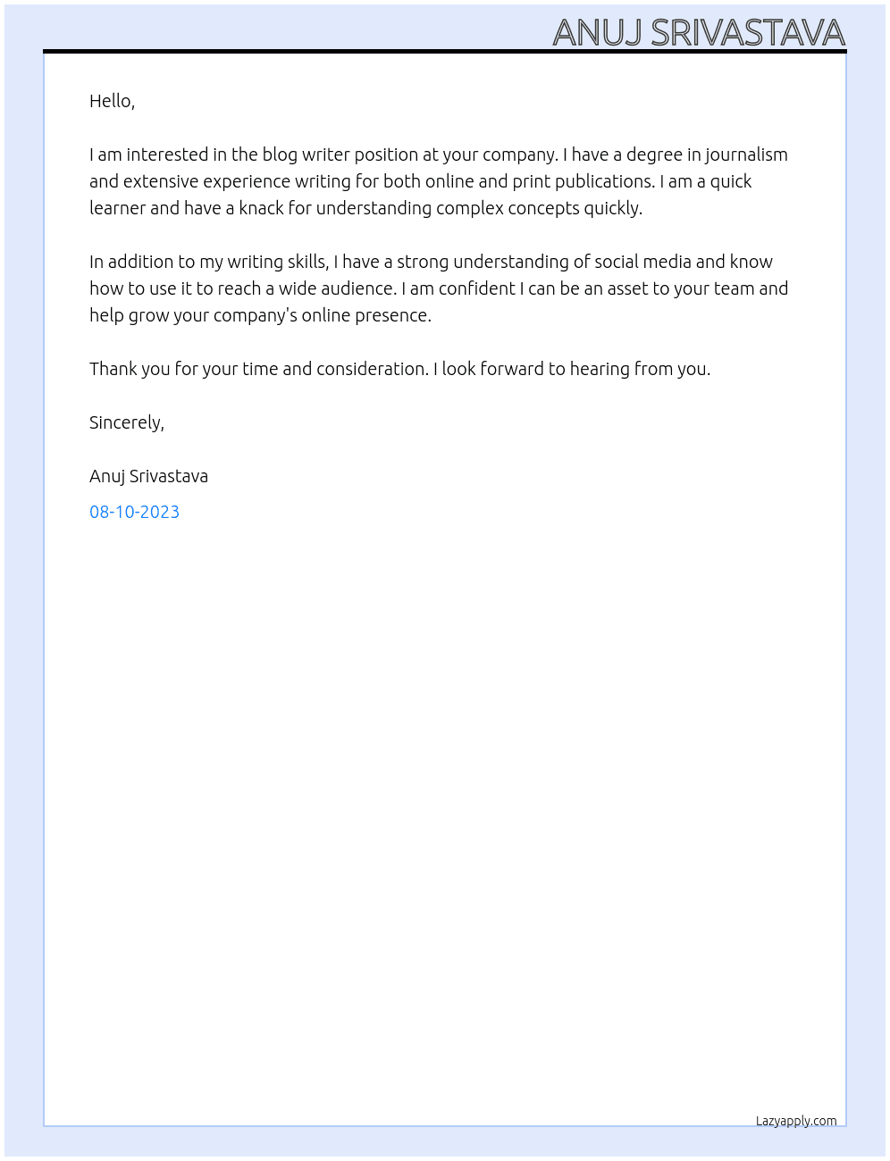 bolg writer At new company Cover Letter
