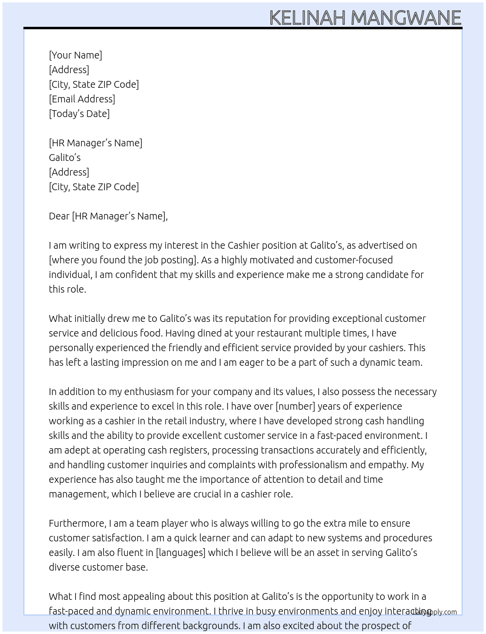 Cashier At Galito's Cover Letter
