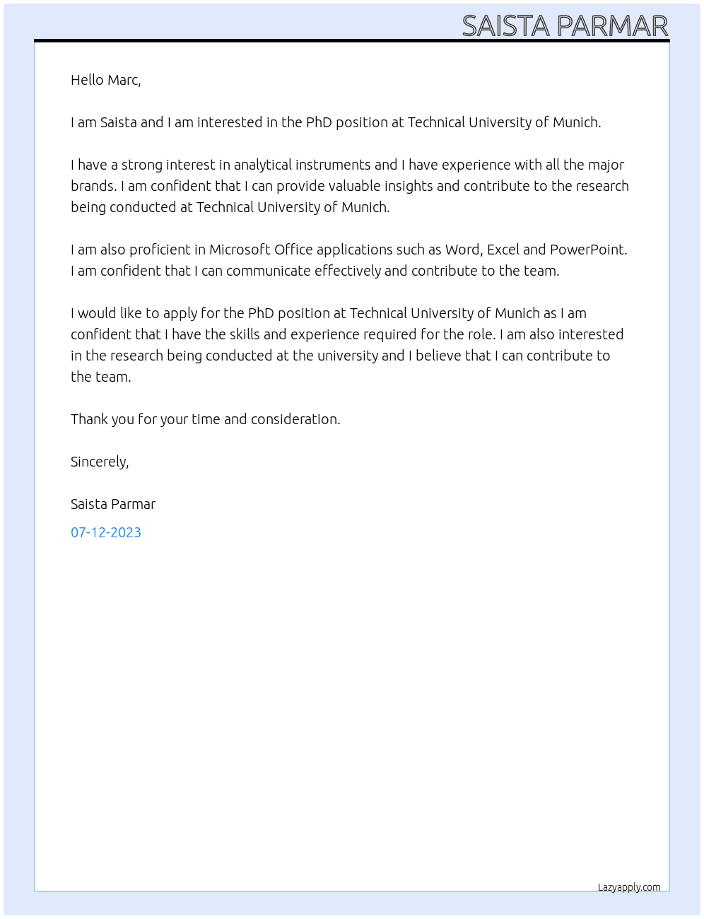 Phd student At Technical university of Munich Cover Letter
