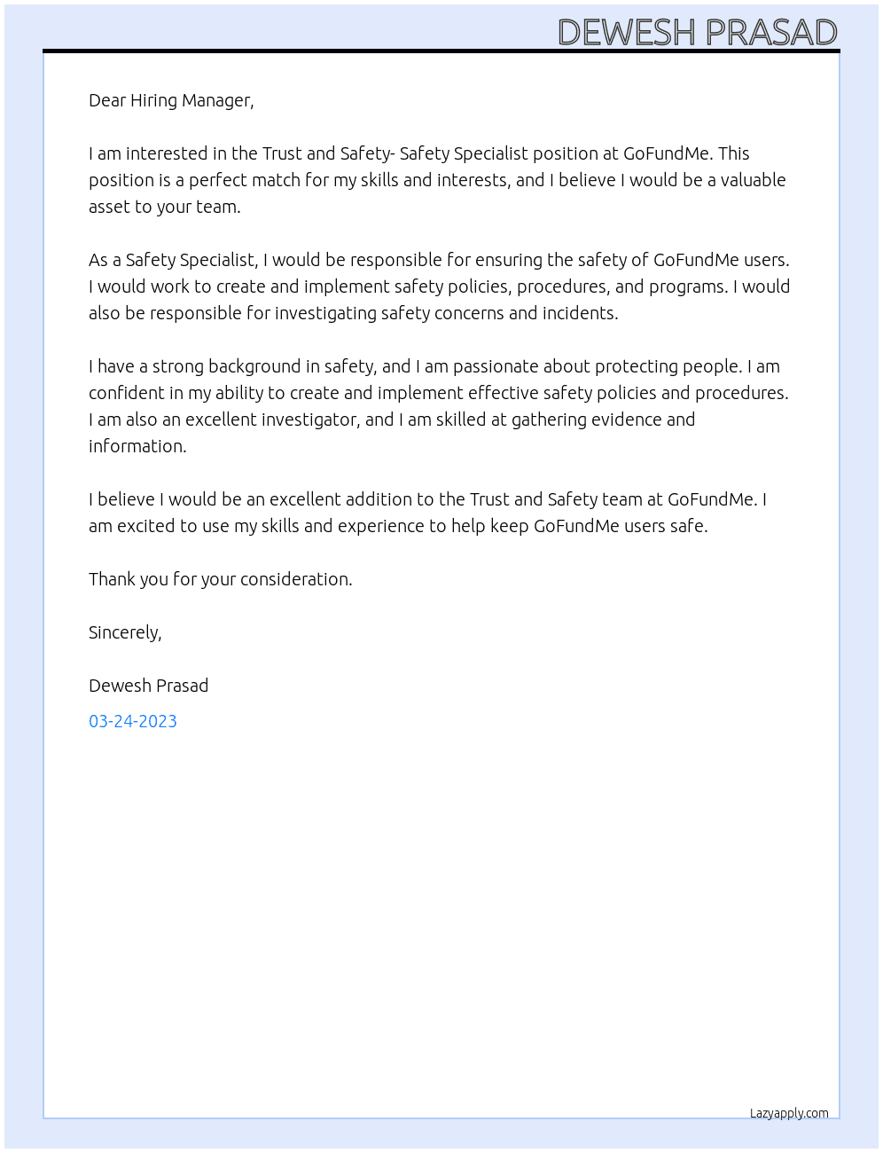Trust and Safety- Safety Specialist At GoFundMe Cover Letter