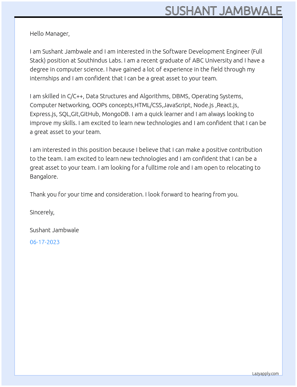 Software Development Engineer (Full Stack) At SouthIndus Labs Cover Letter