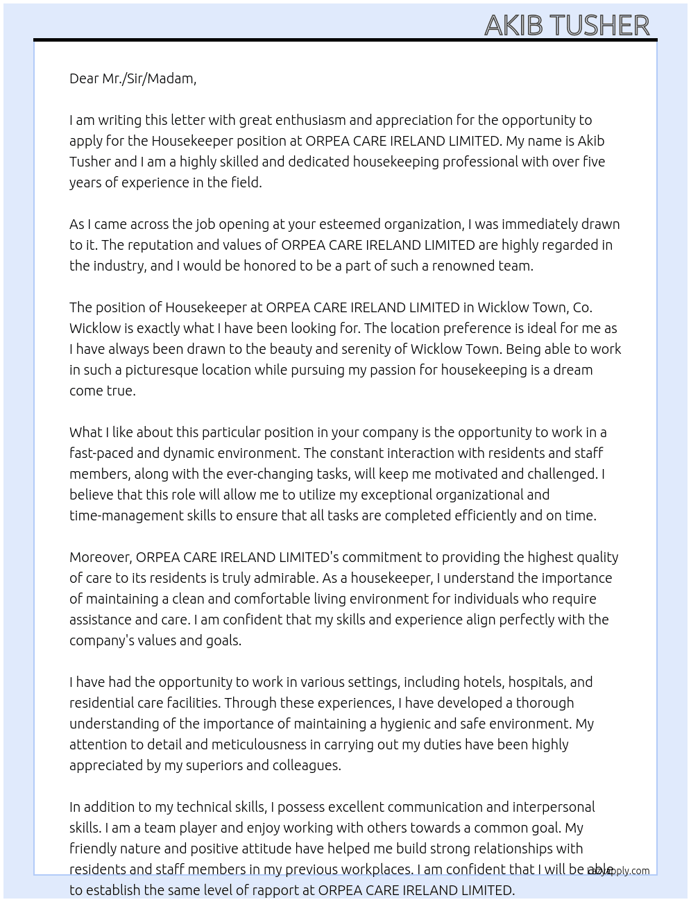 Housekeeper  At ORPEA CARE IRELAND LIMITED Cover Letter