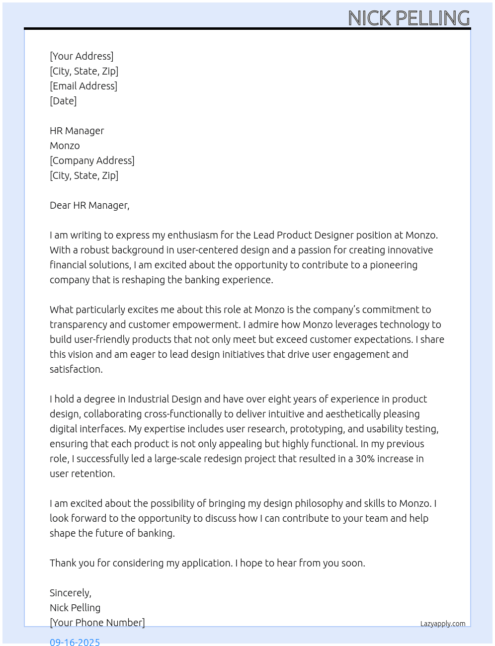  Lead Product Designer At Monzo Cover Letter