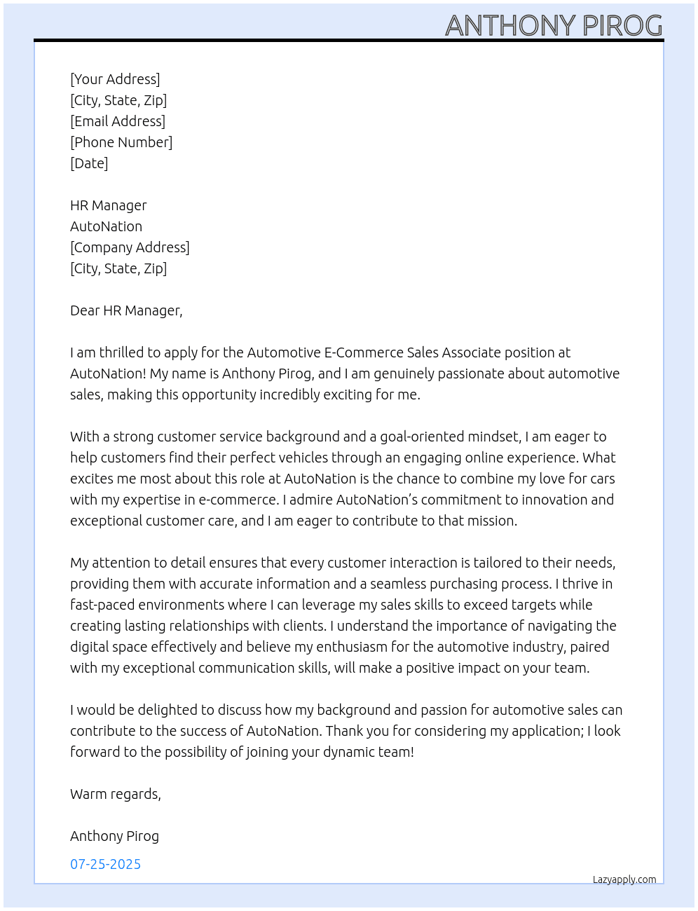 Automotive E-Commerce Sales Associate At AutoNation Cover Letter