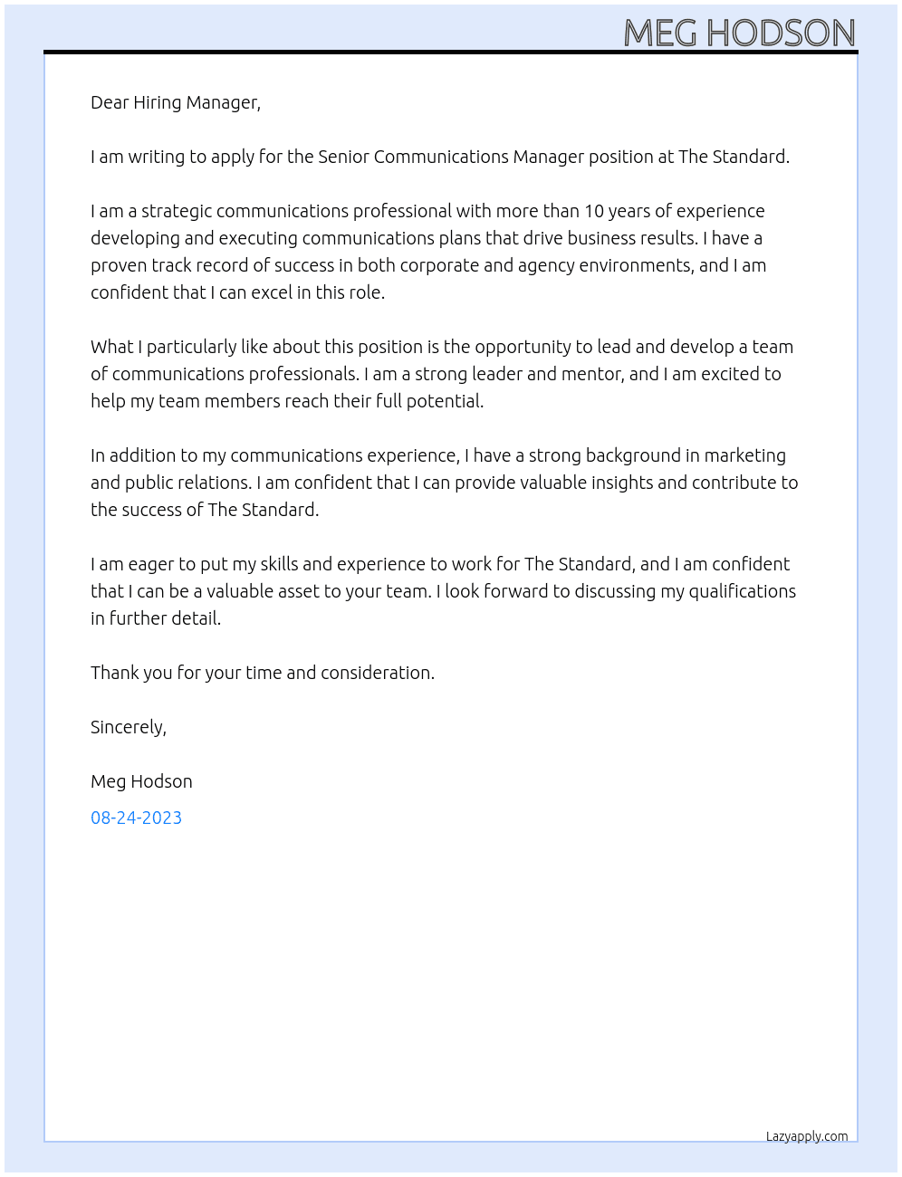 Senior Communications Manager At The Standard Cover Letter