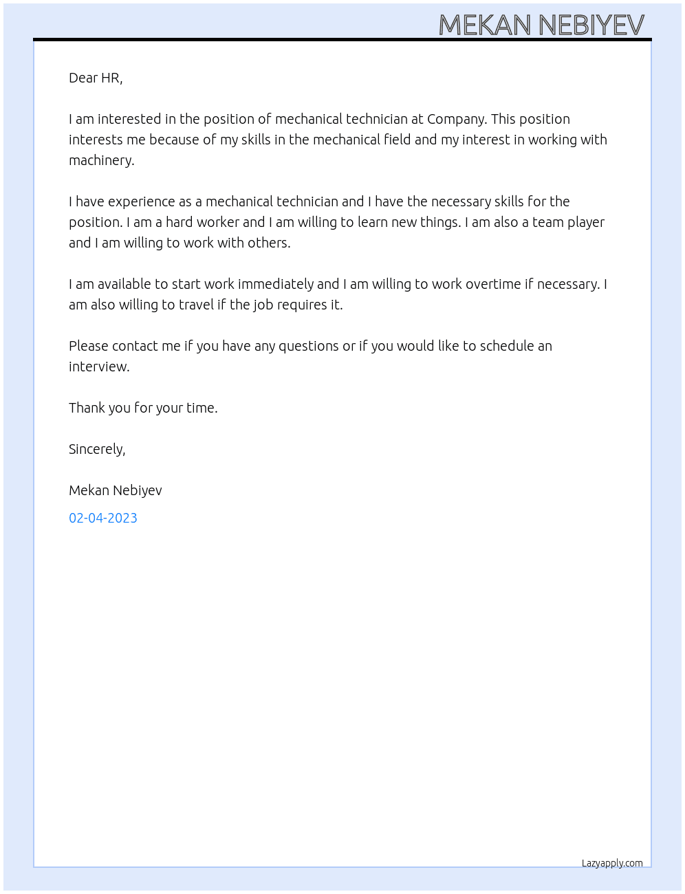 Mechanical technician  At Company Cover Letter
