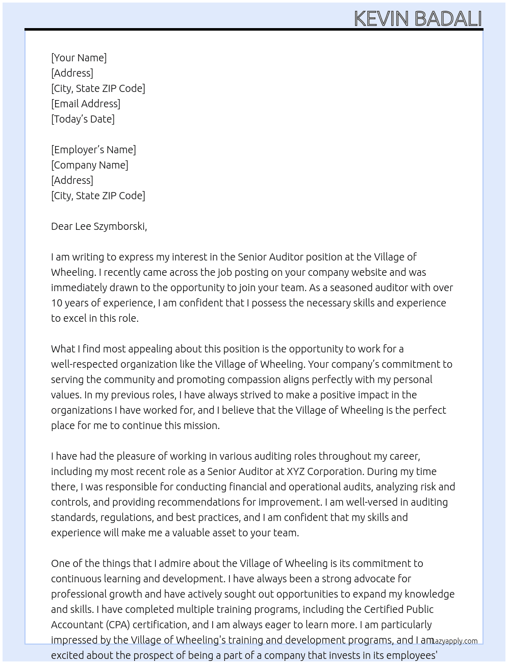 Senior Auditor At Village of Wheeling Cover Letter