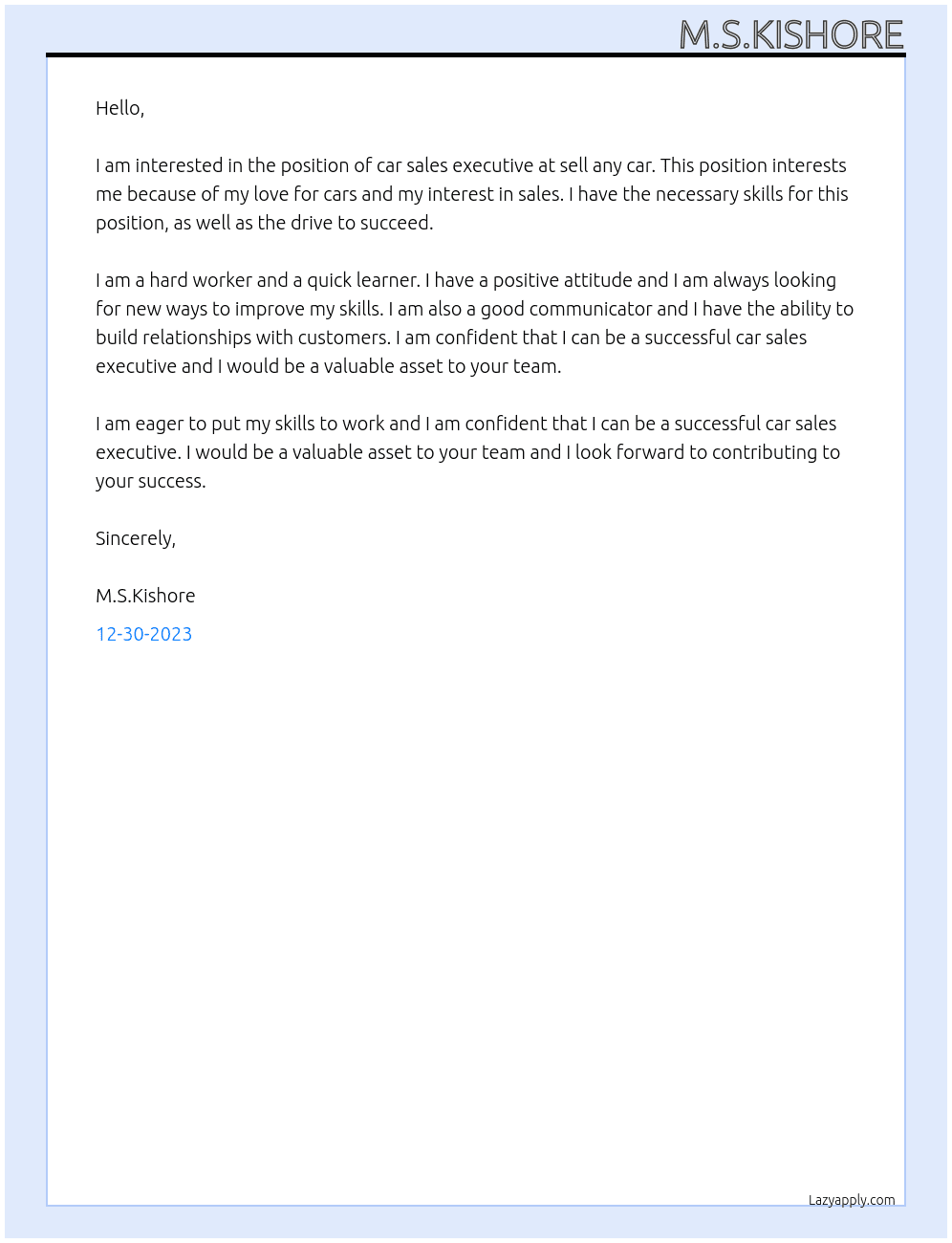 Car sales executive At sell any car Cover Letter