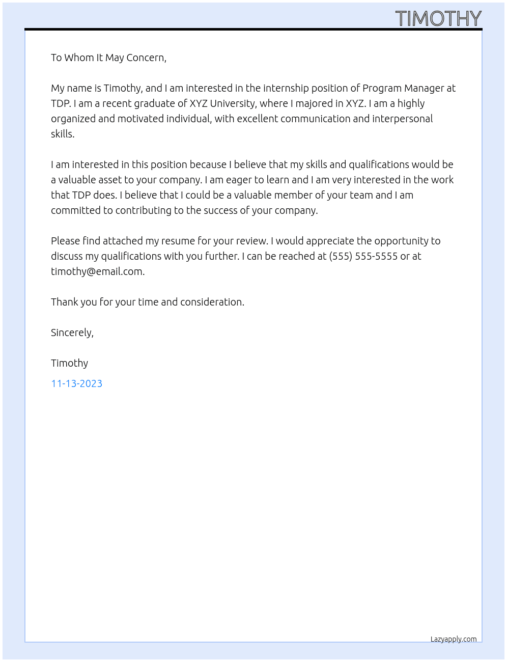 Internship At TDP Cover Letter