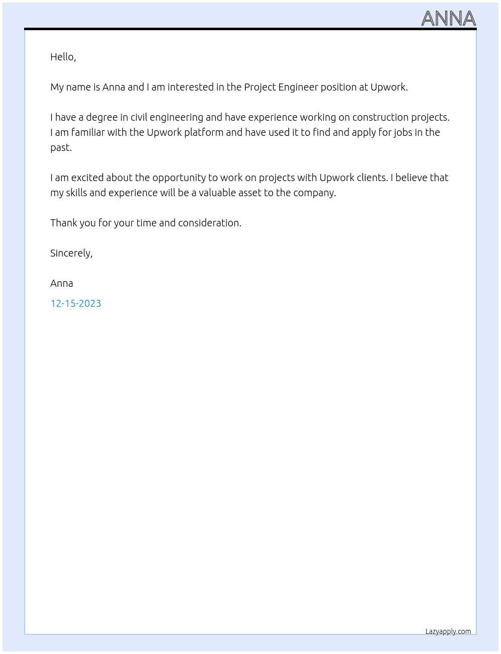 Project Engineer  At Upwork Cover Letter