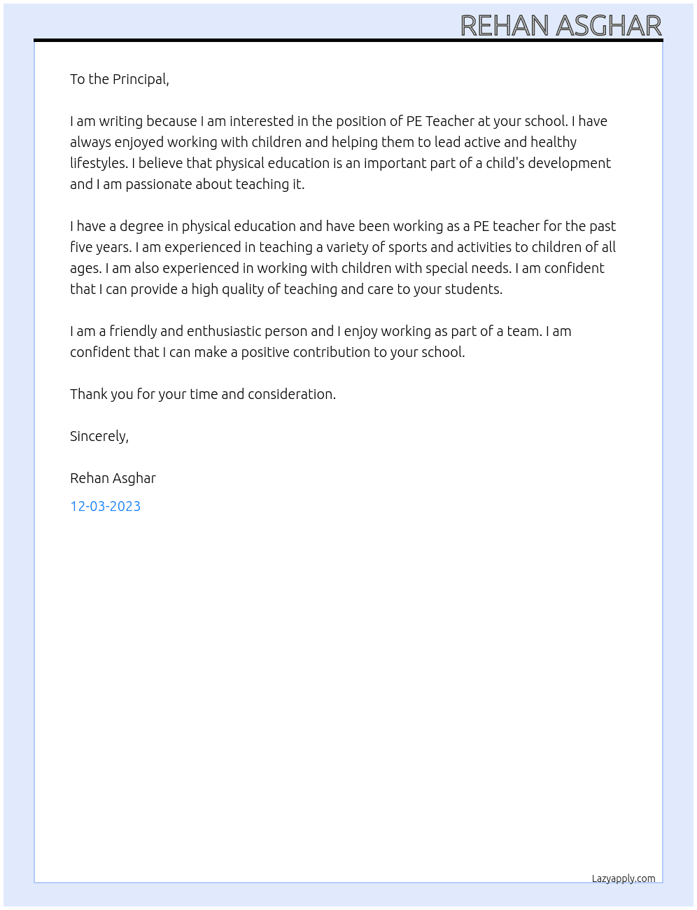 PE Teacher At School Cover Letter