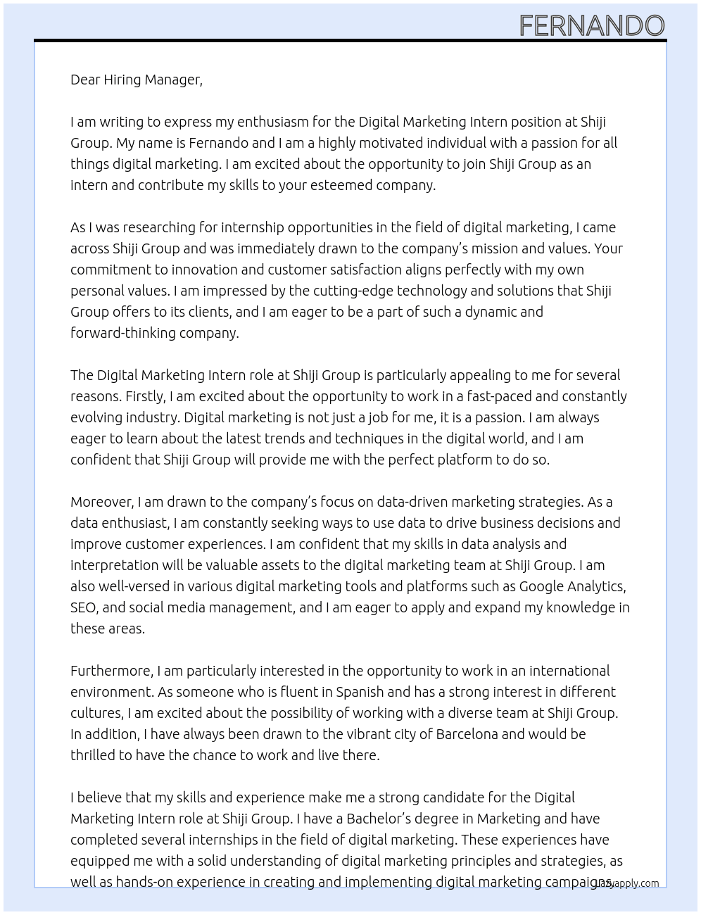 Digital Marketing Intern At Shiji Group Cover Letter
