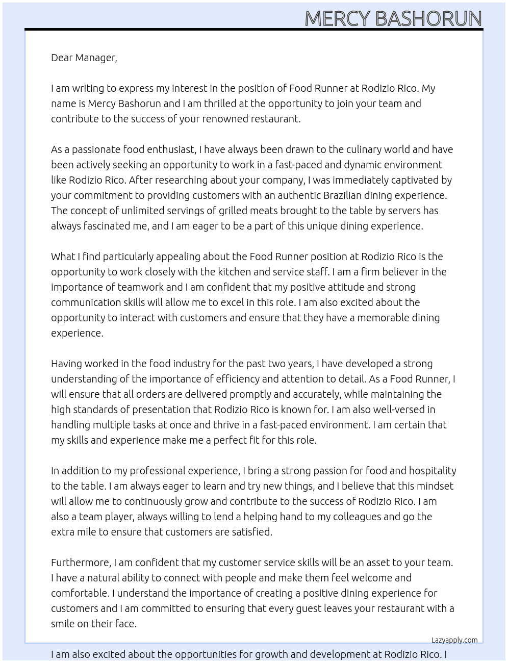 Food runner At Rodizo rico Cover Letter
