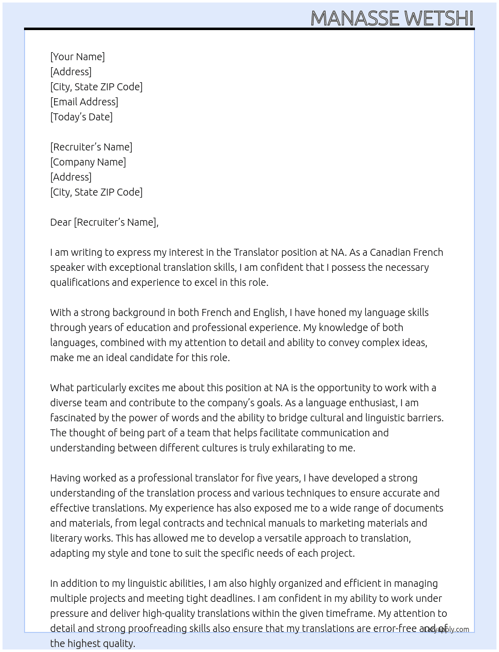 Translator At NA Cover Letter