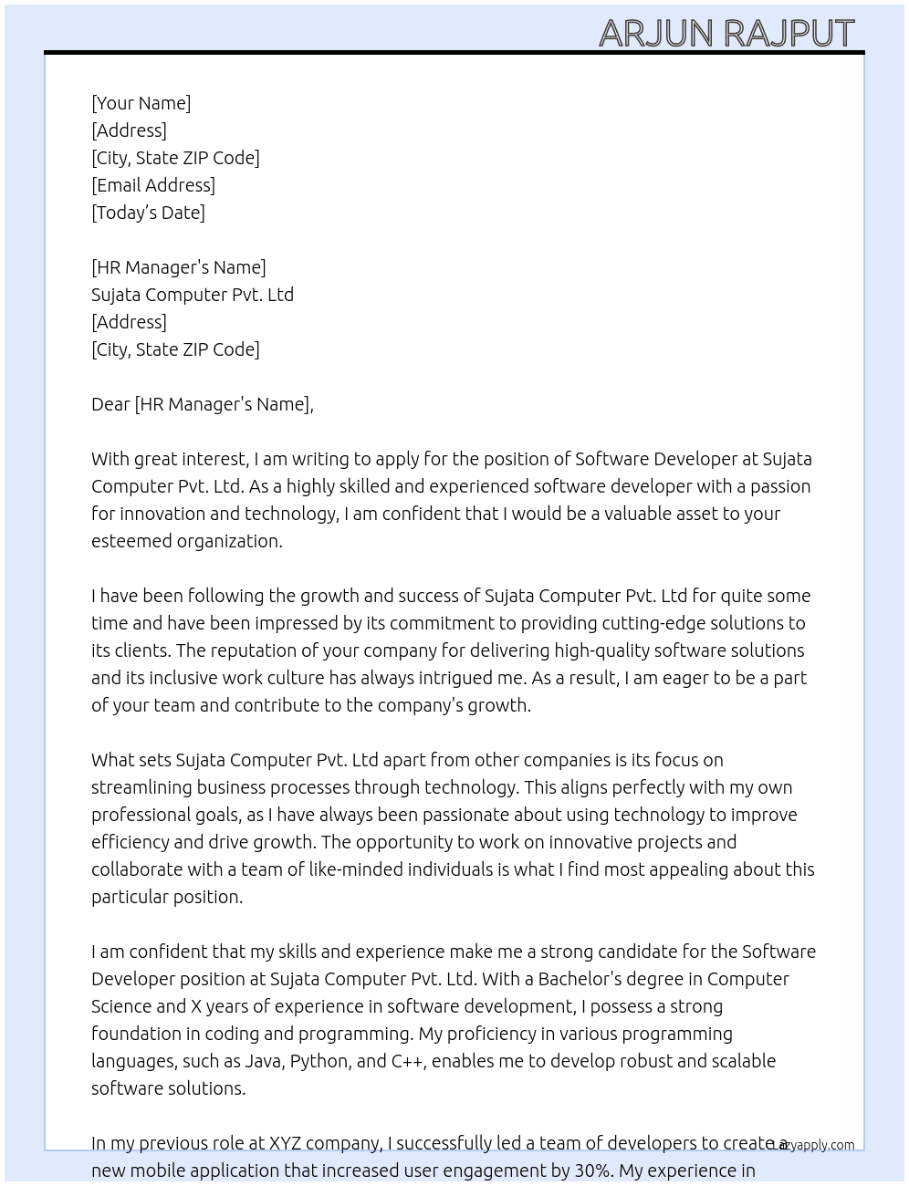 Software Developer  At Sujata computer pvt.ltd  Cover Letter