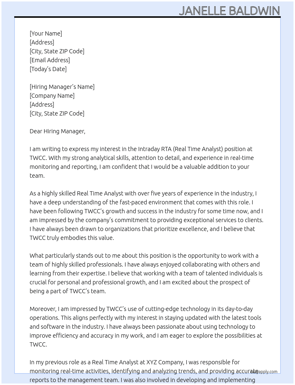 intraday RTA (real Time Analyst) At TWCC Cover Letter