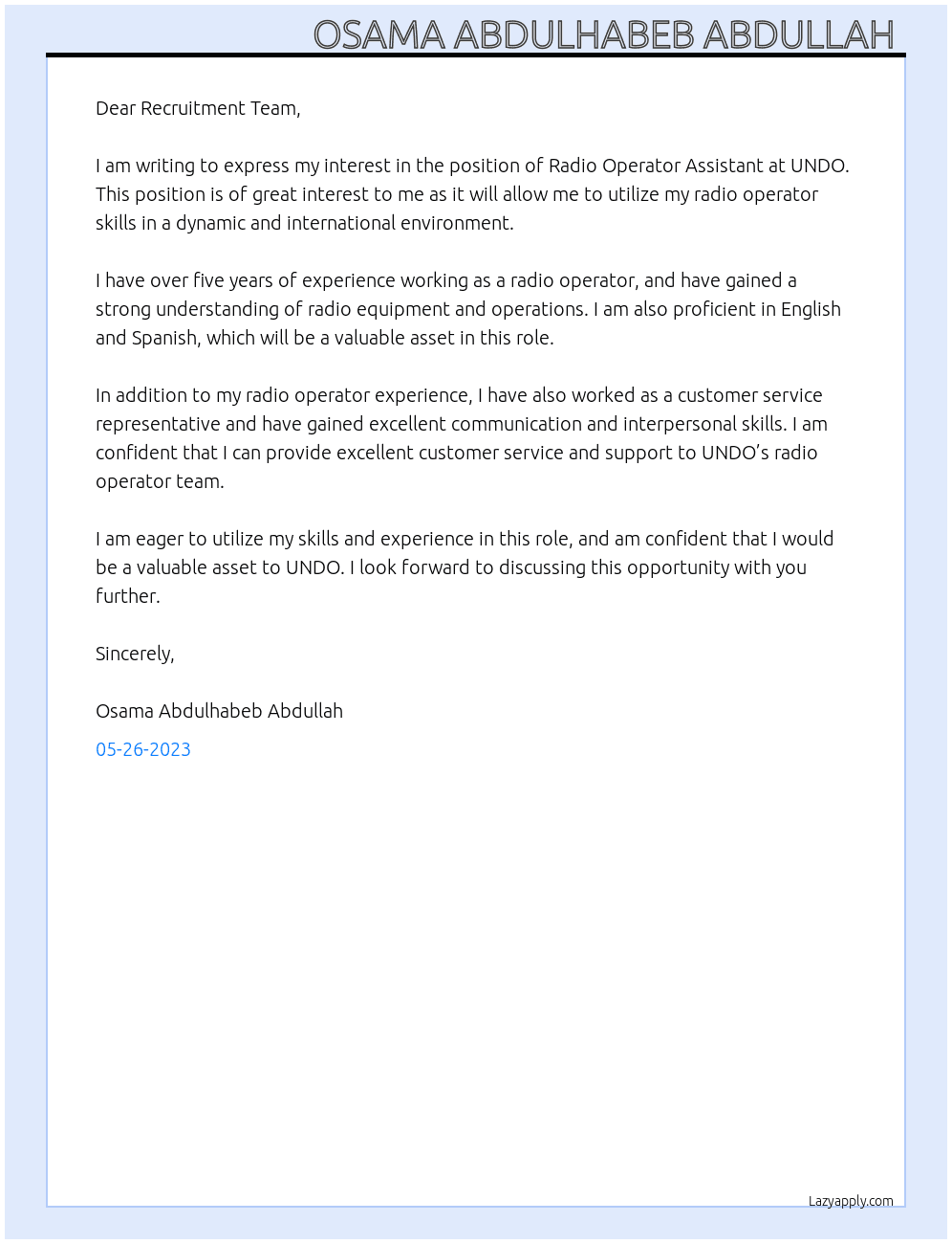 Radio Operator Assistant  At UNDO Cover Letter