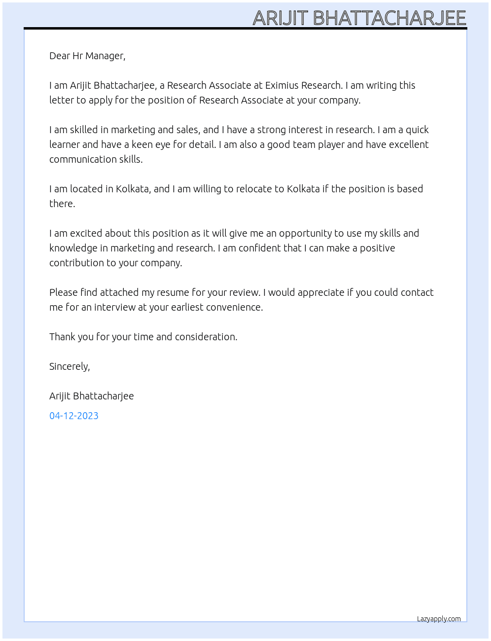 Research Associate At Eximius Research Cover Letter