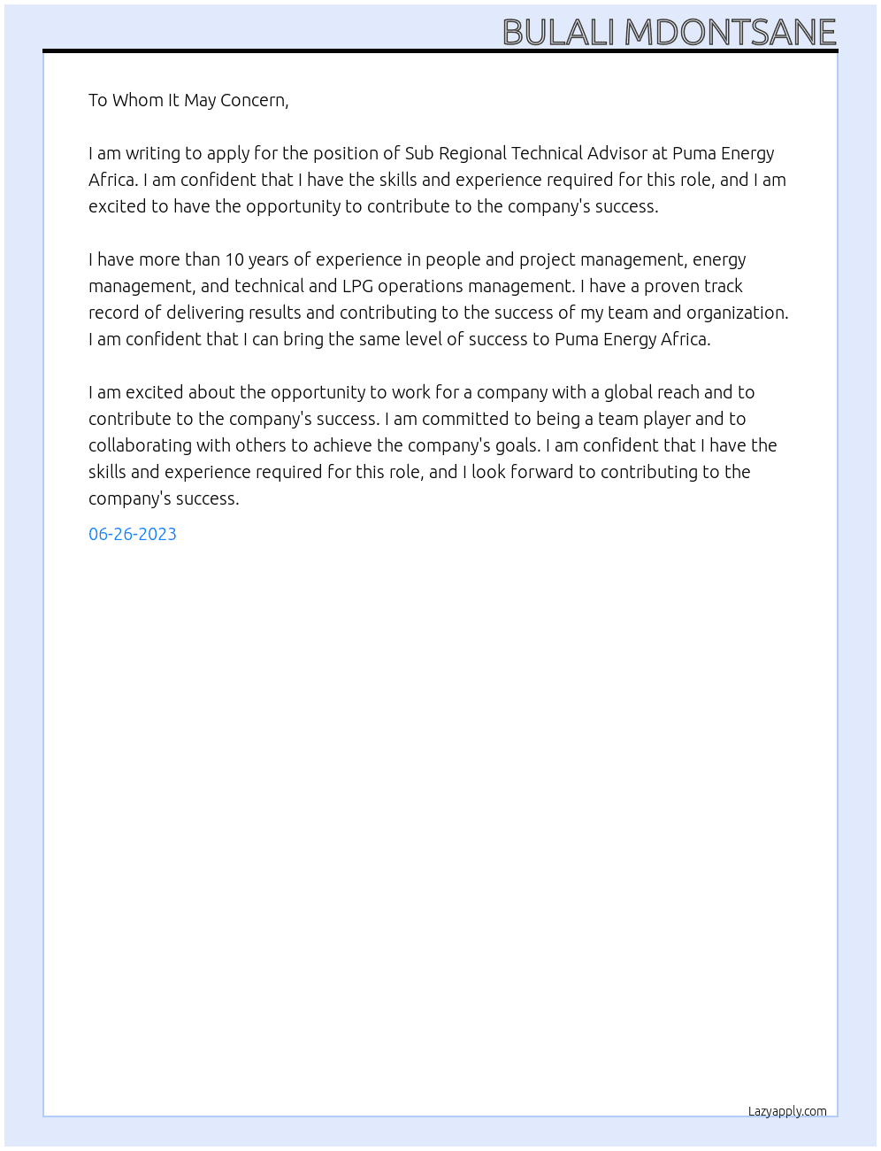 Sub Regional Technical Advisor  At Puma Energy Africa Cover Letter
