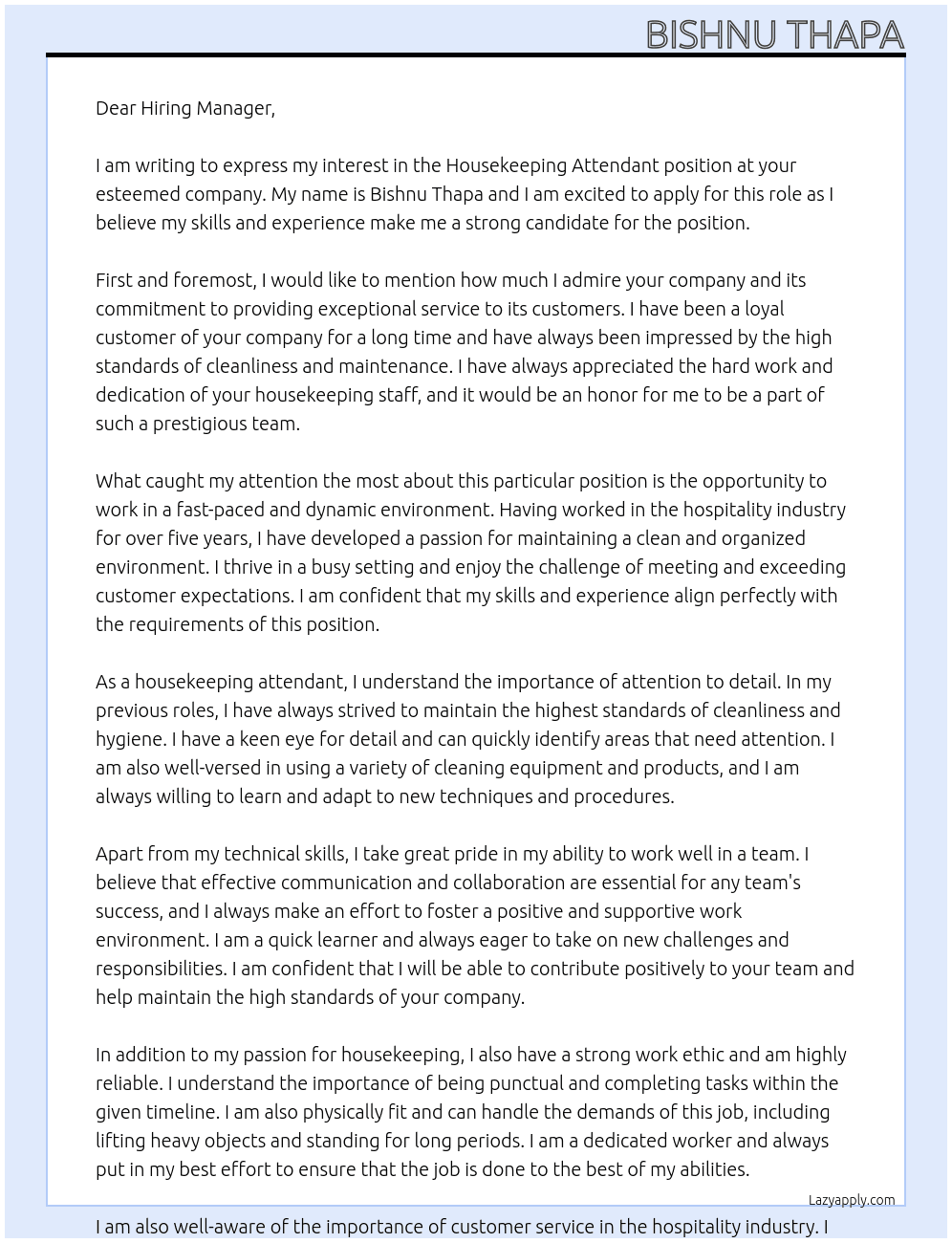 housekeeping attendant At Dear Hiring Manager Cover Letter
