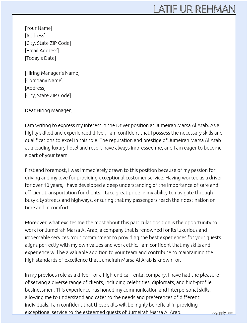 Driver At Jumeirah Marsa Al Arab  Cover Letter