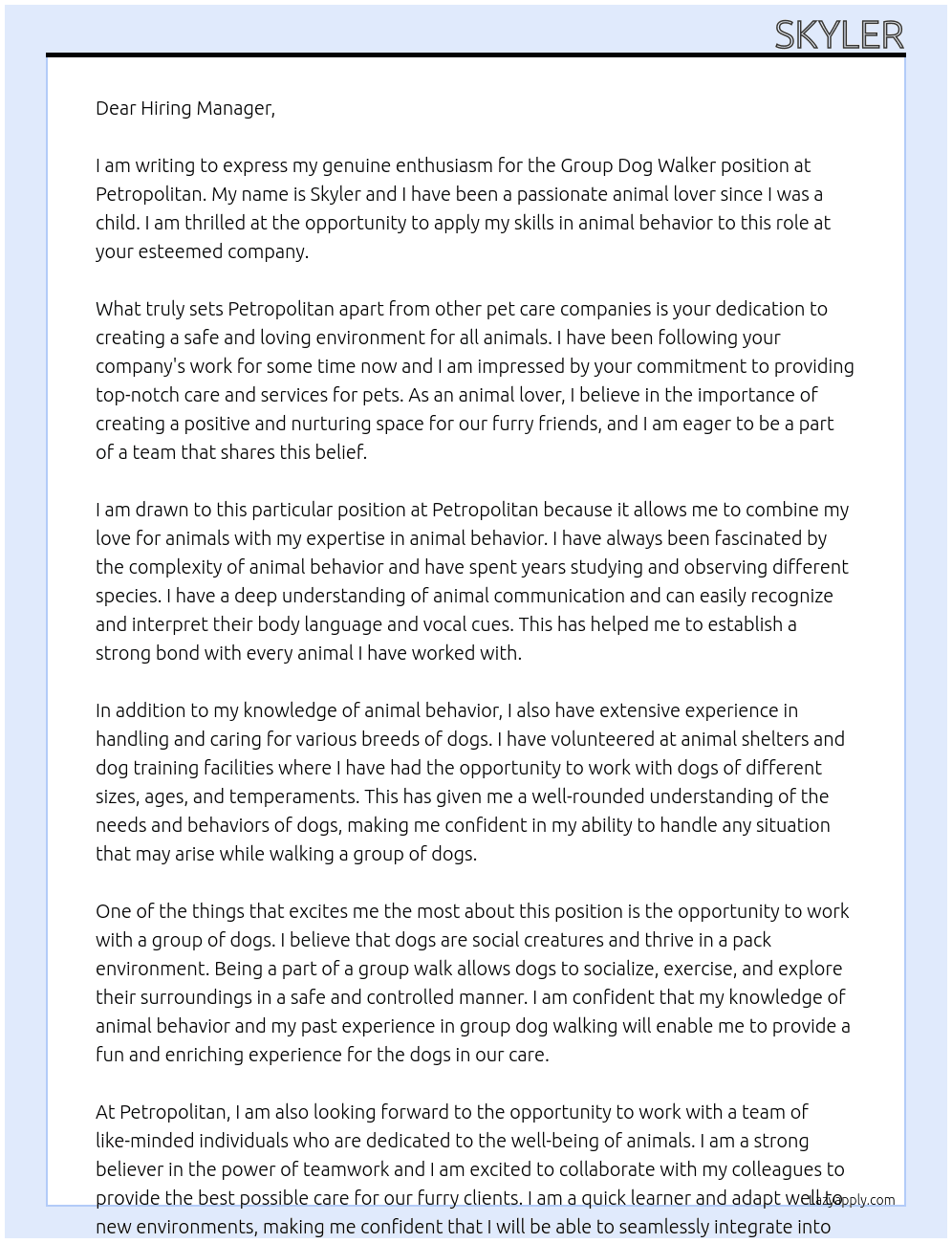 Group dog walker At Petropolitan Cover Letter