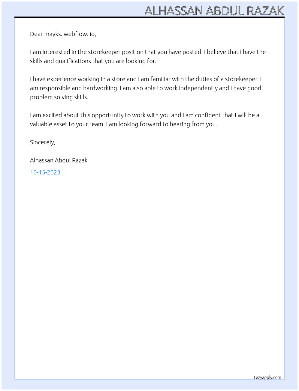 storekeeper At mayks. webflow. io Cover Letter