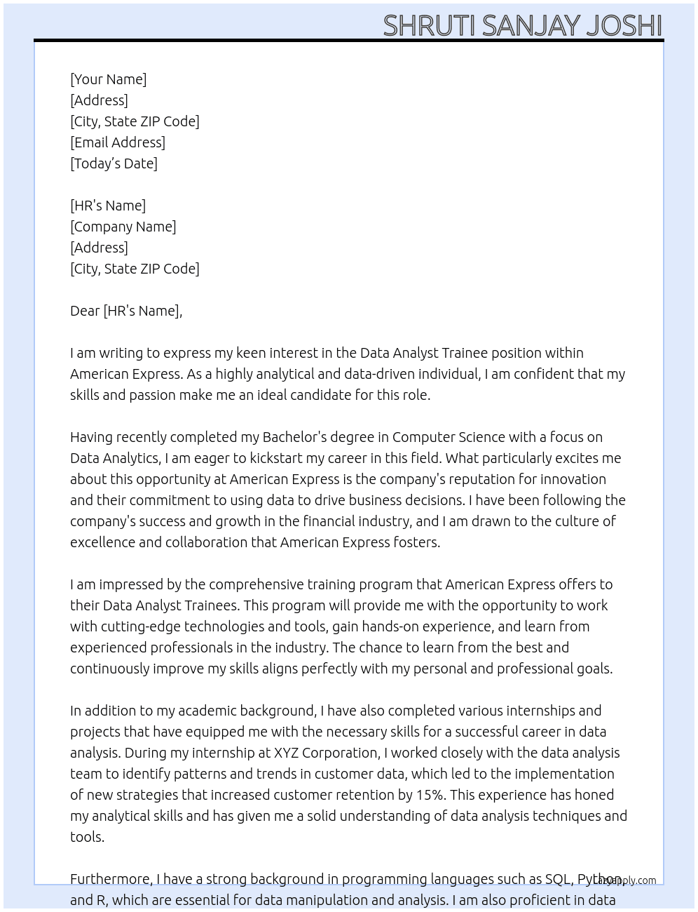 Data Analyst Trainee At American Express Cover Letter